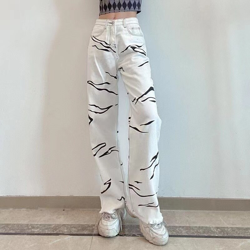 Zebra Pattern High Waisted Jeans Frayed Women Jeans Street Straight Oversized Baggy Jeans Denim Pants Femme